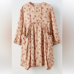 Zara Girls' Cream and pink Floral Long-Sleeve Dress